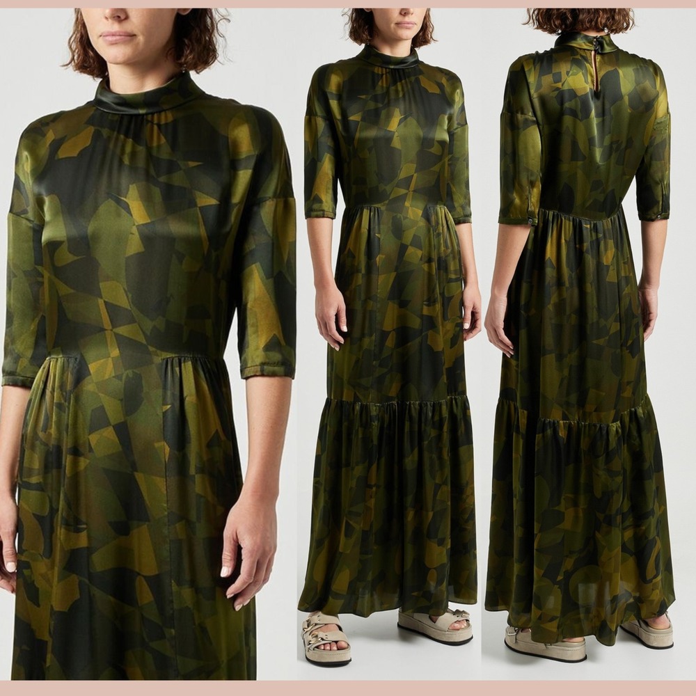 NWD $1000‎ ASPESI [ 36 ] 3/4 Sleeve Silk Maxi Gown in Camo Green  #U1555